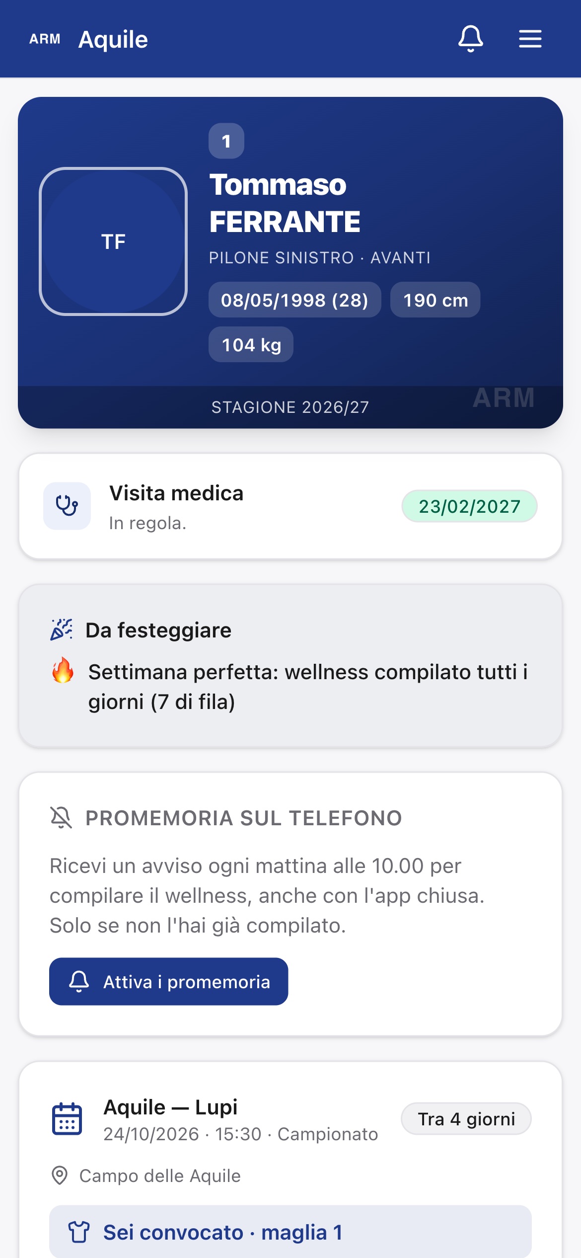 La scheda del giocatore