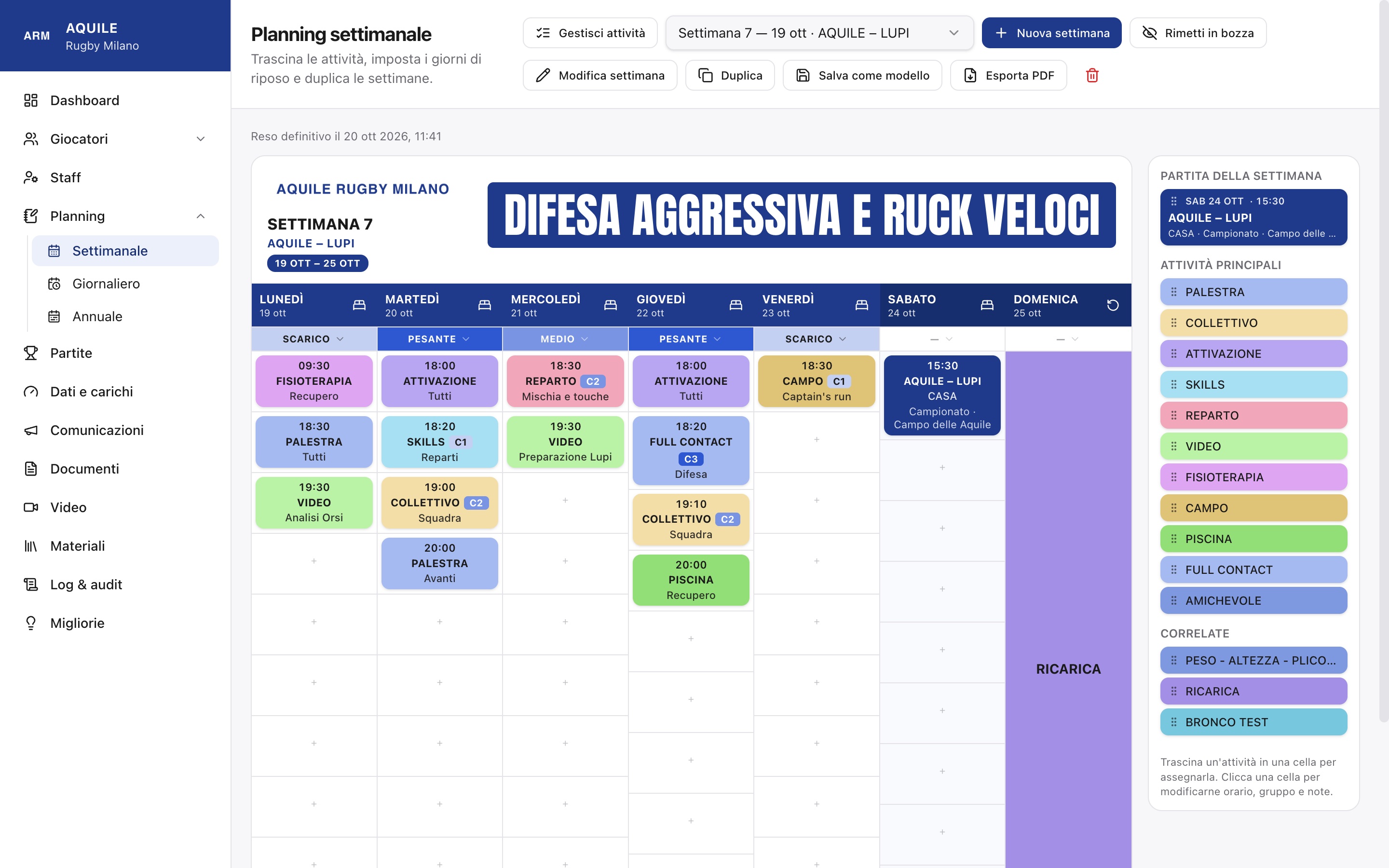 Il planning settimanale